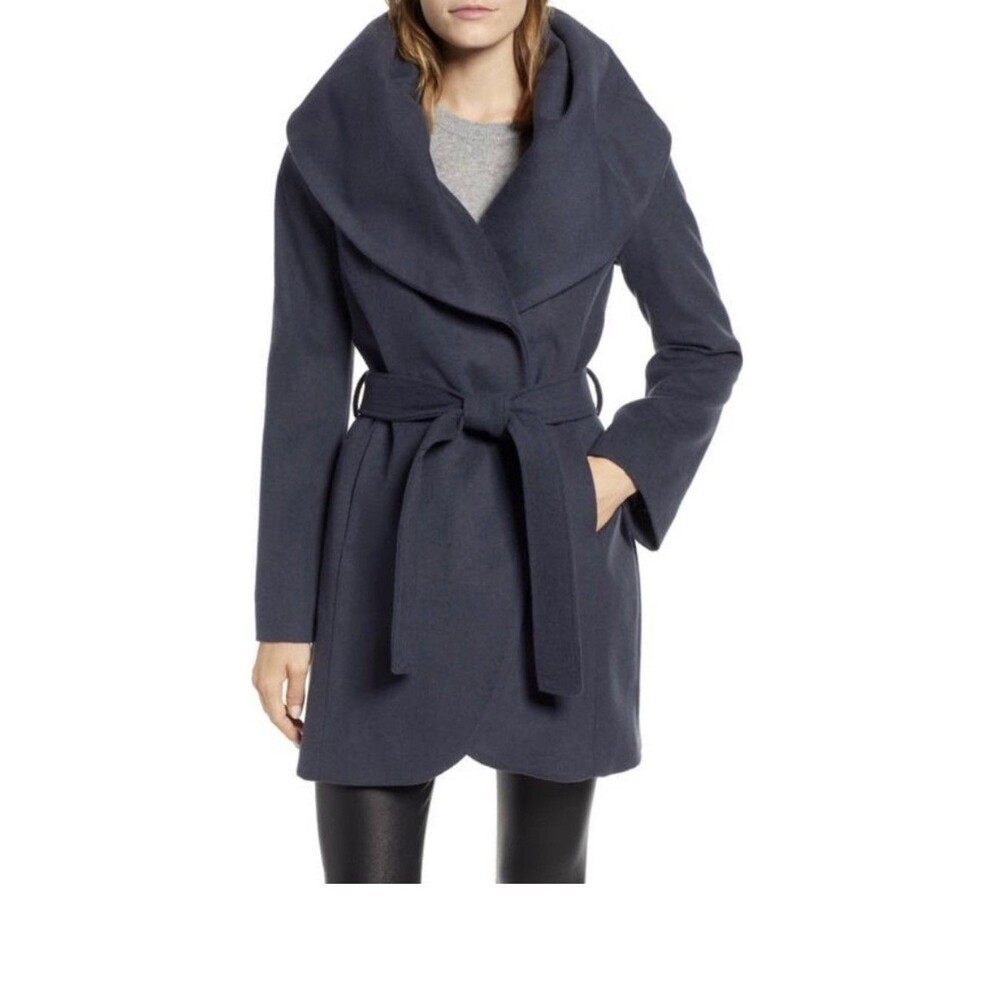 Calvin Klein Coat Womens Small Charcoal Gray Belted Wrap Shawl Collar Wool Blend